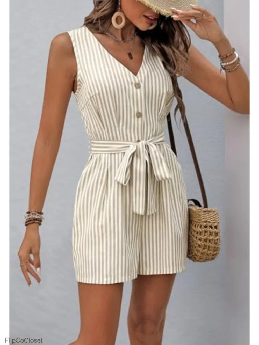 Women's Sleeveless V-Neck Button Up Striped Romper Short Jumpsuit with Pockets